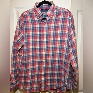 Vineyard Vines Coral Pink and Navy Blue Plaid Button-Down Shirt
